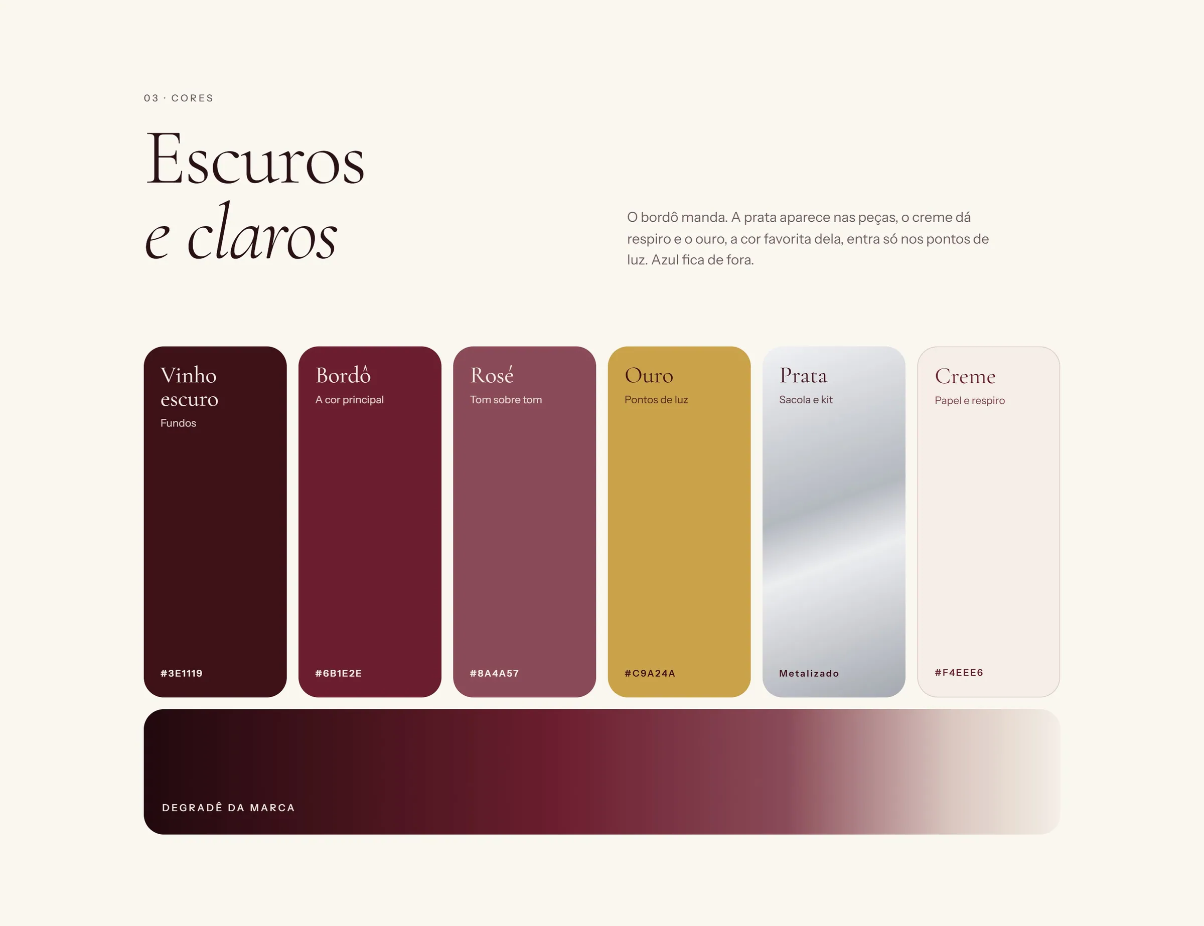 03 · Cores e tipografia — Bordô, ouro e duas vozes